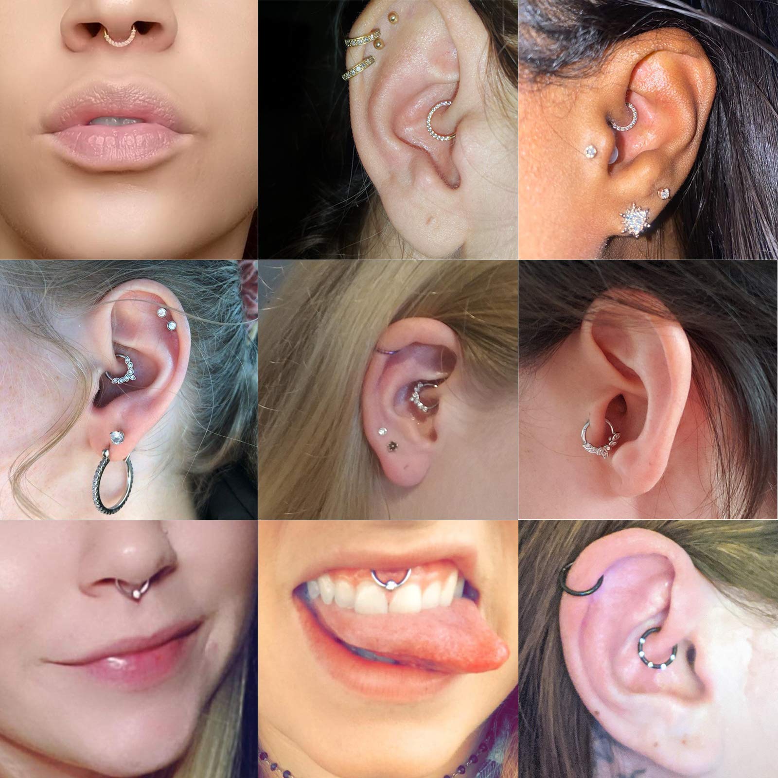 Drperfect Daith Earrings 16G Stainless Steel Cartilage Helix Tragus Nose Hoop Piercing Jewelry 8MM Silver CZ Hinged Septum Clicker Rings