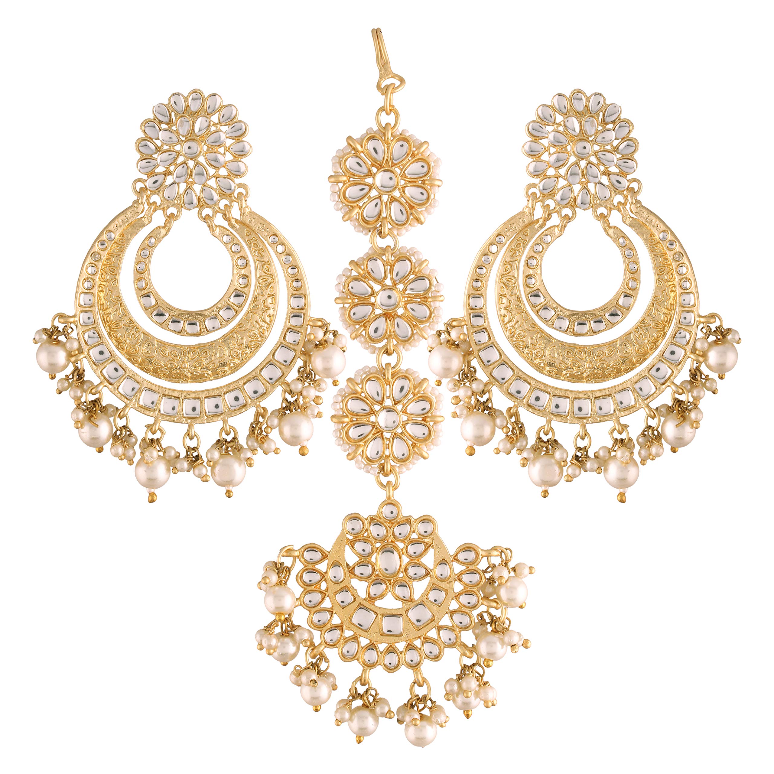 I Jewels 18K Gold Plated Indian Wedding Bollywood Matte Finish Kundan & Faux Pearl Bridal Chandbali Earrings with Maang Tikka Set for Women (TE2860FL)