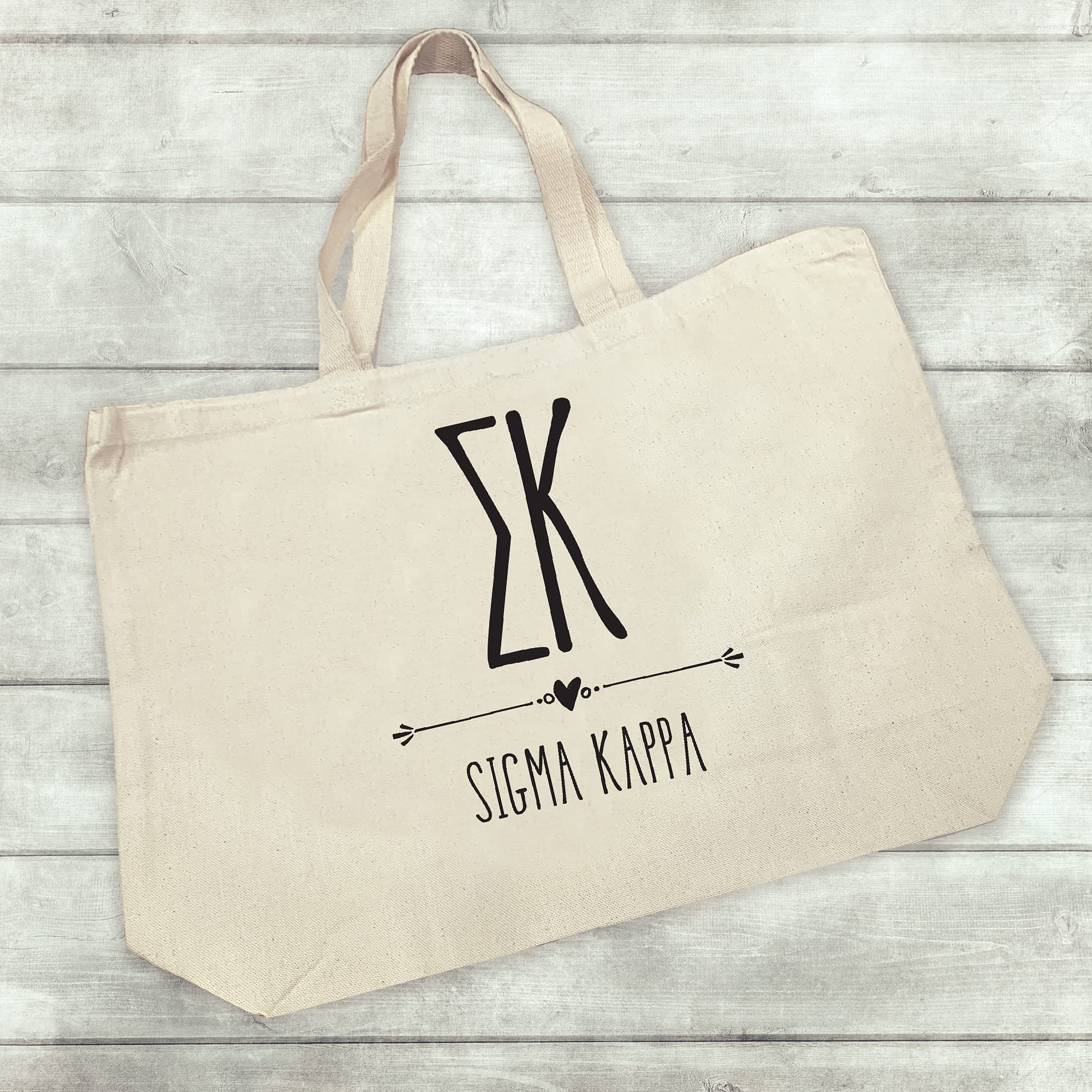 Greek Letters and Stylized Sigma Kappa Printed with Heart Design - Large Canvas Tote Bag for Women - Tote Bags for Sorority