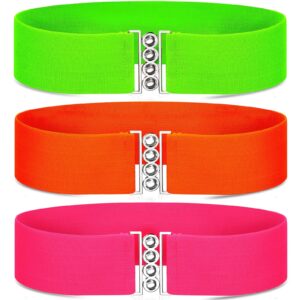 syhood halloween neon belts for women 80s neon belt 80s waist belt stretch wide waistband elastic belt vertical clasp buckle belts for women girls