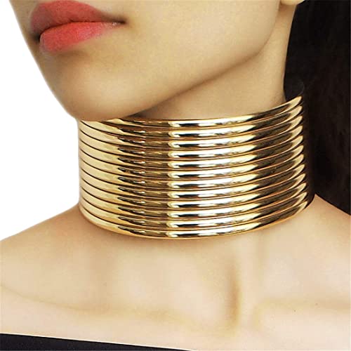 Mrotrida African Leather Necklaces for Women Punk Snap Chunky Statement Collars Choker Gold-A