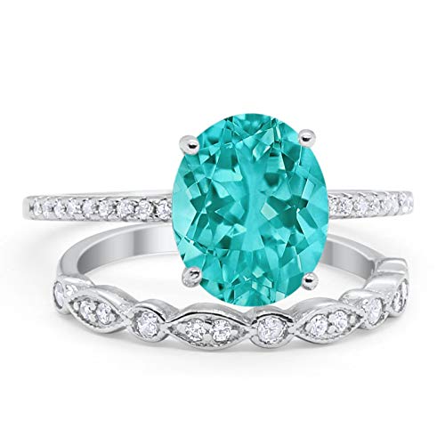 Blue Apple Co. Simulated Paraiba Tourmaline CZ Size-6 Two Piece Oval Wedding Engagement Bridal Set Ring Band Round Simulated Cubic Zirconia 925 Sterling Silver