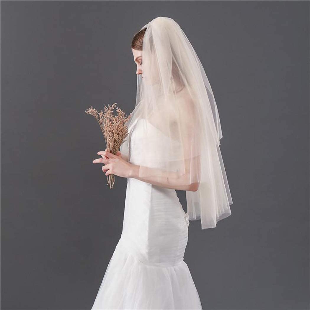 Aularso Lace Wedding Veil with Comb Fingertip Length Bridal Veils Star 2Ties Cut Edge Tulle Veil for Brides (Champagne)