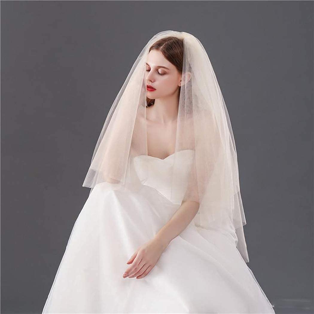 Aularso Lace Wedding Veil with Comb Fingertip Length Bridal Veils Star 2Ties Cut Edge Tulle Veil for Brides (Champagne)