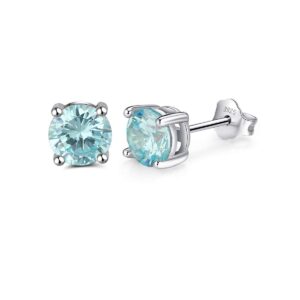 Fereendo 925 Sterling Silver Birthstone Stud Earrings Round Cut Aquamarine Cubic Zircon Birthstone Earrings Studs March Birthday Jewelry Gift for Women