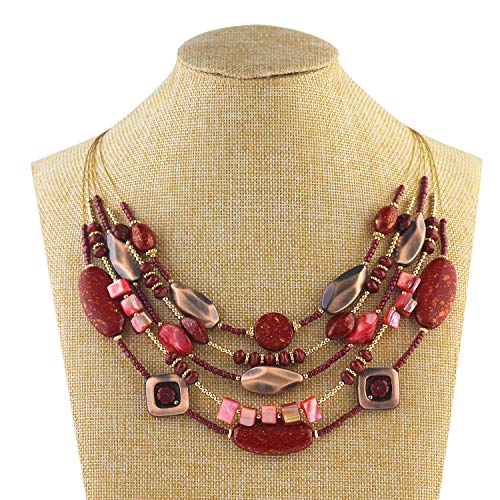 COIRIS Multi Layer Beaded Illusion Wire Collar Statement Necklace for Women (N0016-Maroon)