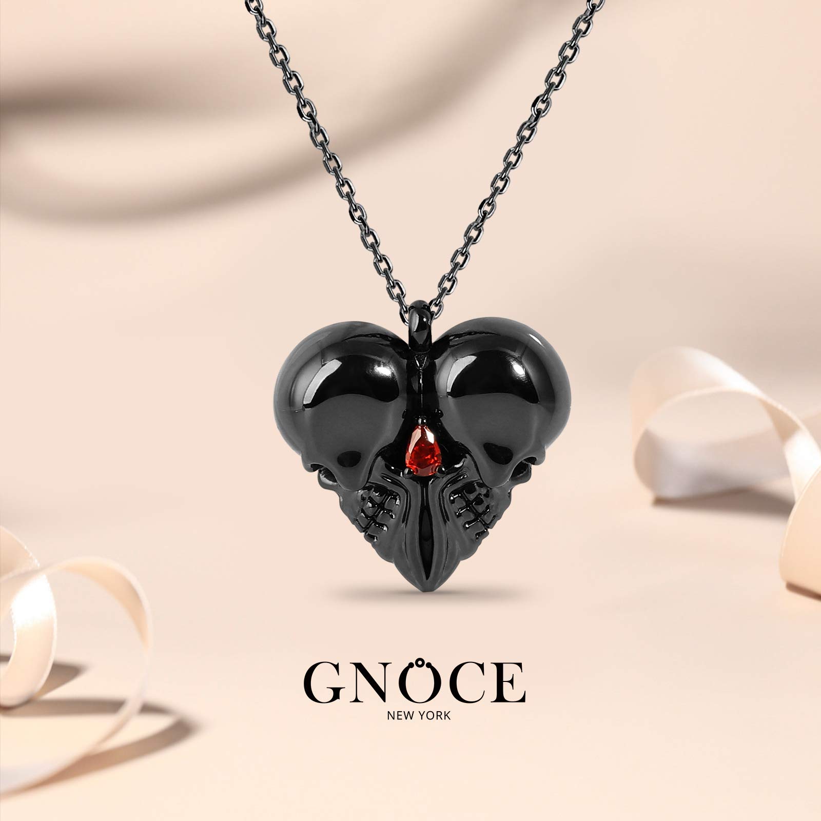 GNOCE Skull Heart Necklace 925 Sterling Silver Black Plated Pendant Necklace with Adjustable Chain Jewelry Gift for Women