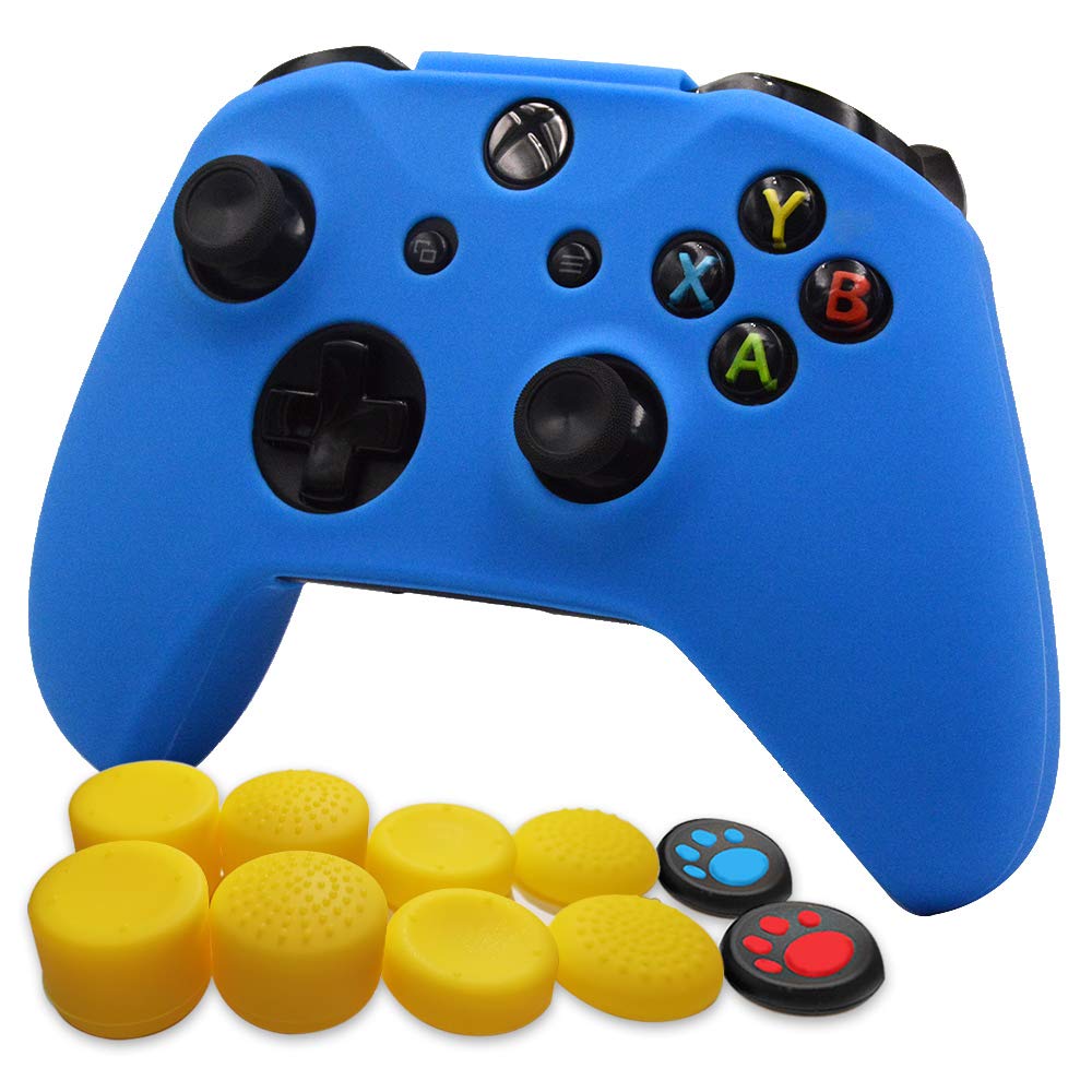 FOTTCZ Anti-Slip Soft Silicone Cover Skin Set for Microsoft Xbox One Controller which 1pcs Blue Controller Skin + 8pcs Thumb Grip Caps