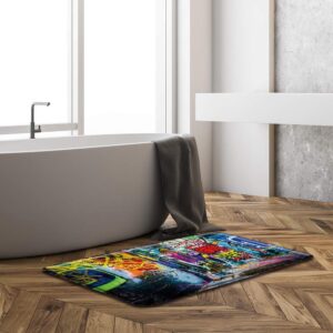 Modern Colorful Graffiti Bath Rug Creative Abstract Art Bathroom Mat Floor Carpet Messy Street Wall Urban Spray Hip Hop Doodles Culture Adventure Absorbent Doormat Bedroom Rugs