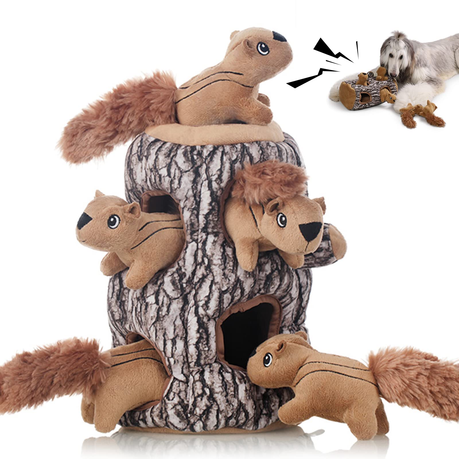 Laifug Hidden Squirrel Plush Dog Toy， Interactive Squeaky Dog Toy Hide and Seek, XL