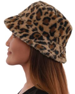 fuzzy bucket hat women leopard print men plush soft winter warm fluffy fisherman caps adjustable (brown leopard)