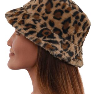 Fuzzy Bucket Hat Women Leopard Print Men Plush Soft Winter Warm Fluffy Fisherman Caps Adjustable (Brown Leopard)