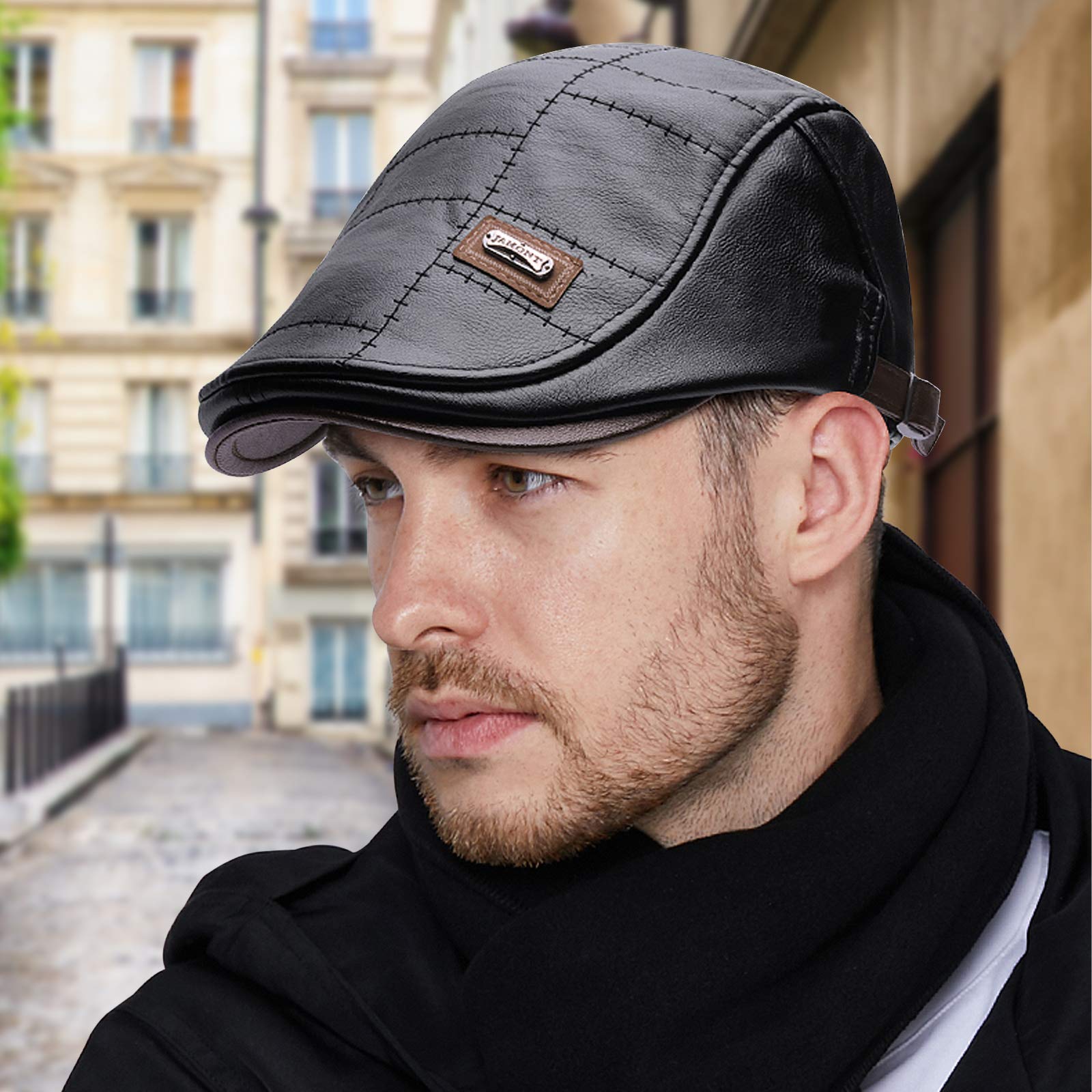 Govicta Men Adjustable PU Leather Ivy Cap Newsboy Hat Fishing Hat for Men Black