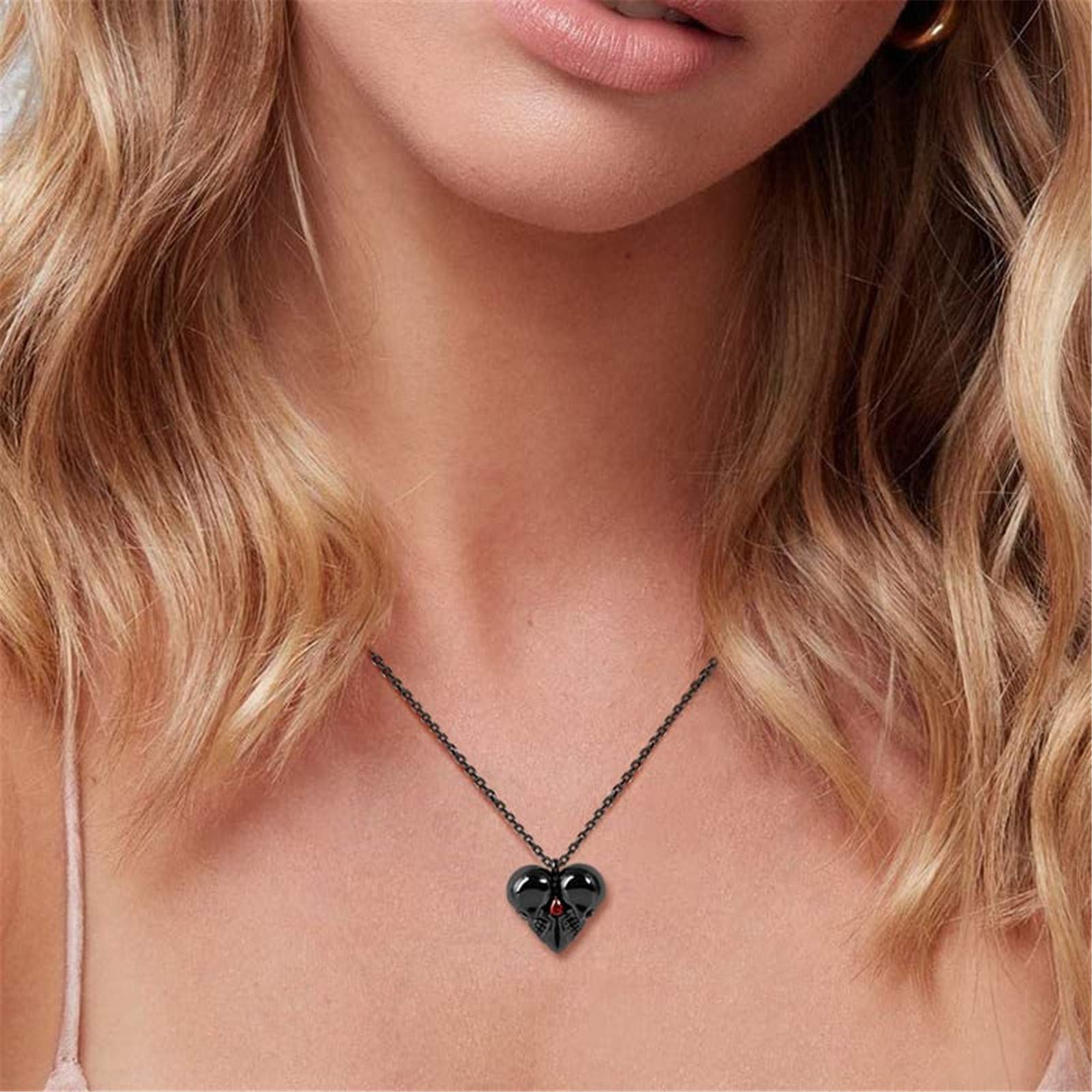 GNOCE Skull Heart Necklace 925 Sterling Silver Black Plated Pendant Necklace with Adjustable Chain Jewelry Gift for Women