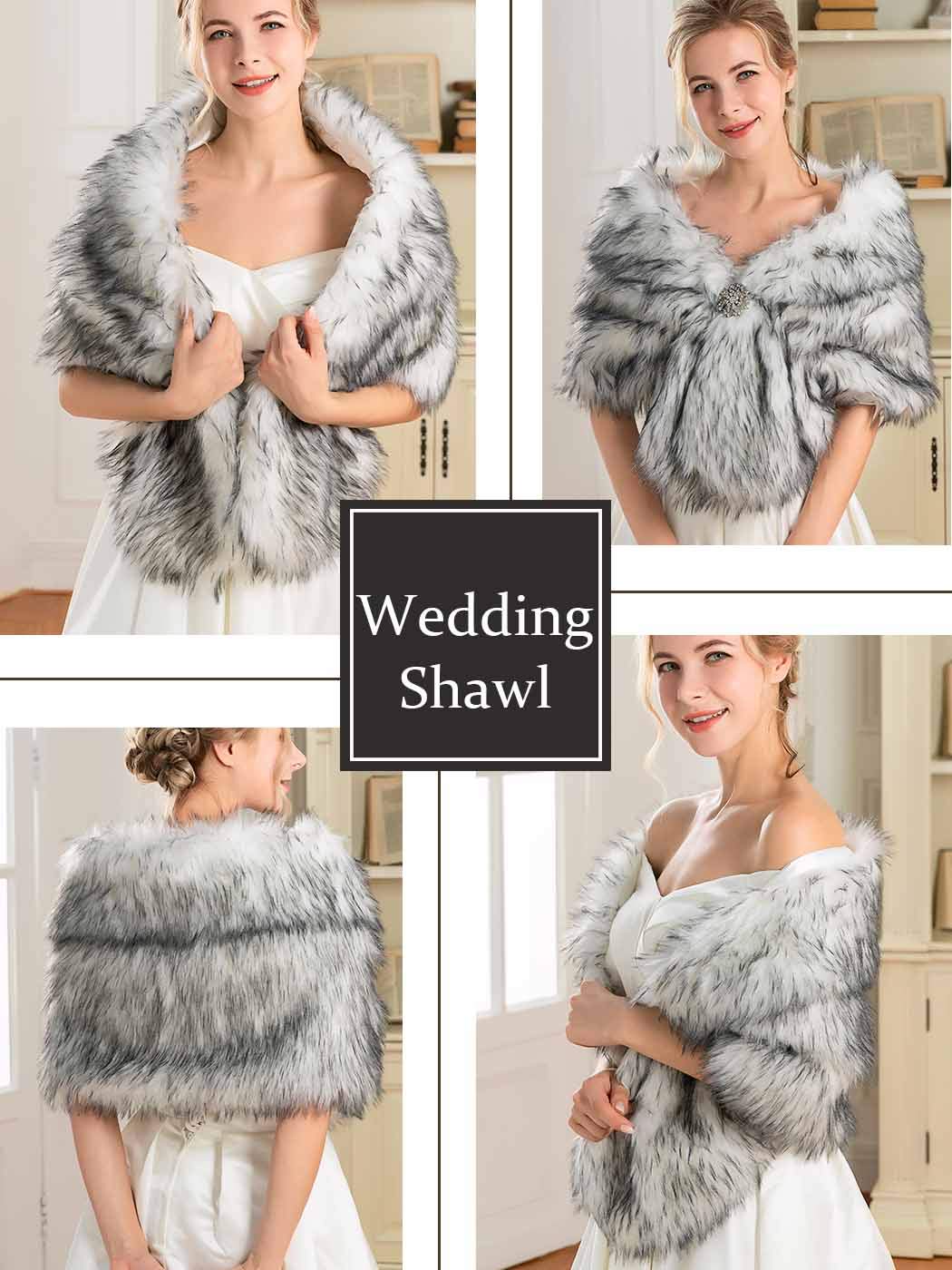 EARENT Women's Faux Fur Shawls and Wraps 1920s Bride Wedding Fur Scarf Bridal Fur Stoles for Brides and Bridesmaids (White+Black)