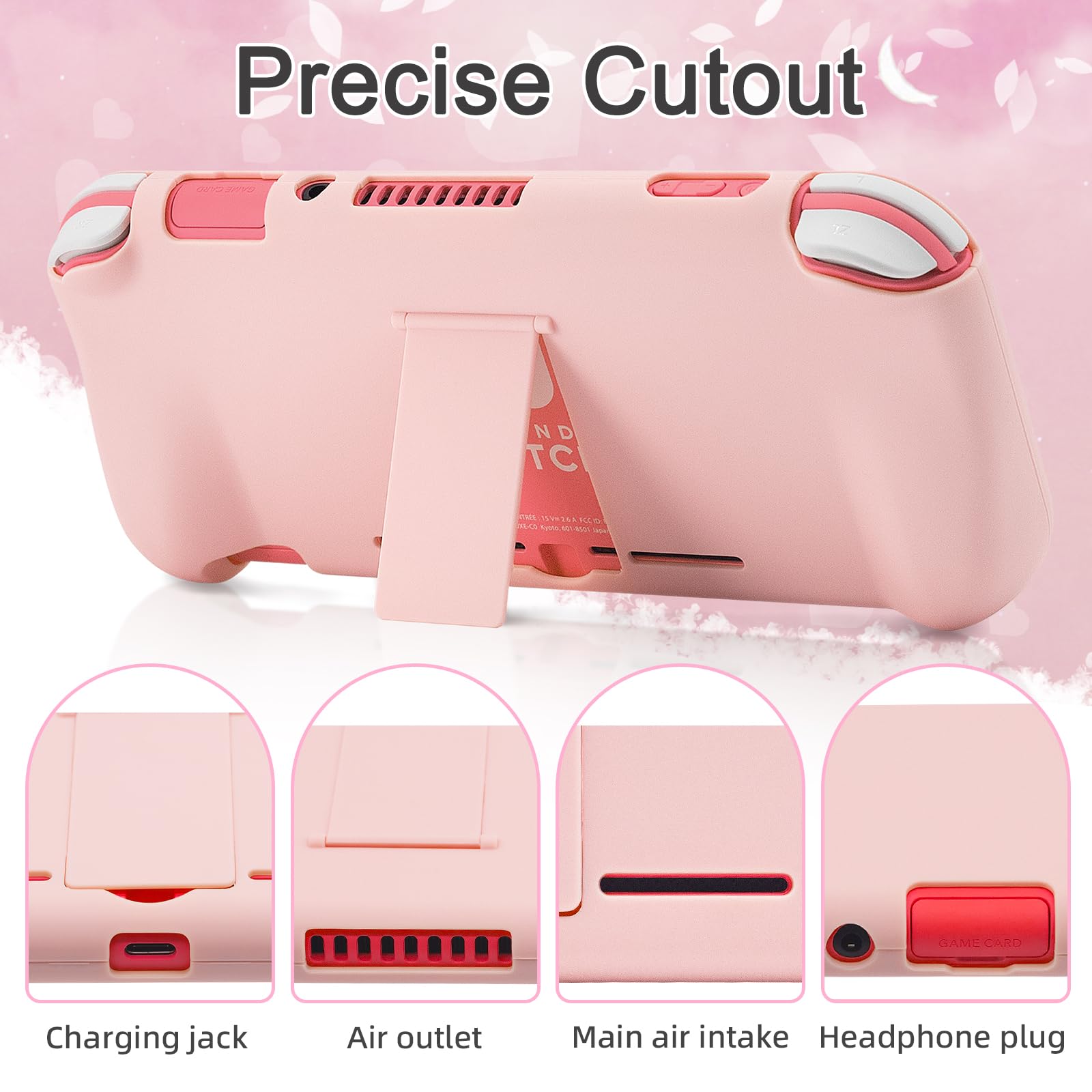 BRHE Pink Travel Carrying Case Accessories Kit for Switch Lite, Hard Protective Cover Skin Shell with Stand, Glass Screen Protector, Thumb Grip Caps 9 in 1