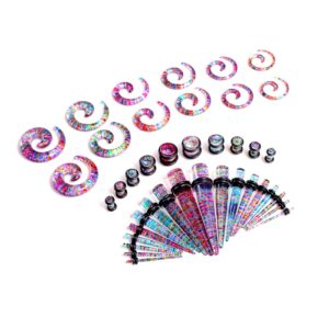 wbrwp 54pc gauges kit ear plugs and tunnels stretching expander-starter : 14g-00g color splash acrylic tapers and plugs with double o-ring and spiral taperss body piercing colorful set