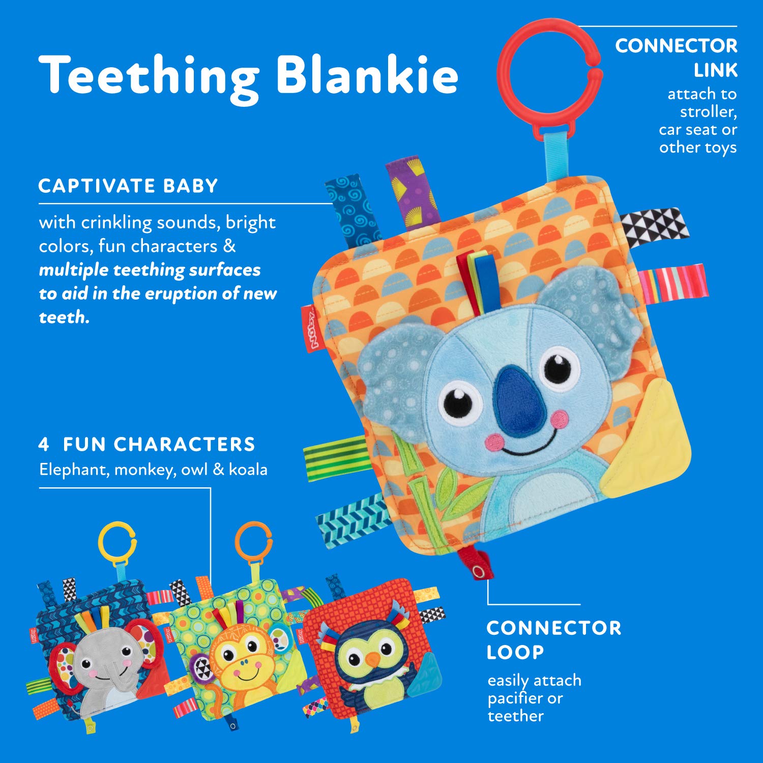 Nuby Teething Blankie, Characters Vary - Owl, Koala, Monkey, Elephant