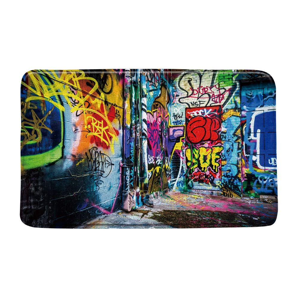 Modern Colorful Graffiti Bath Rug Creative Abstract Art Bathroom Mat Floor Carpet Messy Street Wall Urban Spray Hip Hop Doodles Culture Adventure Absorbent Doormat Bedroom Rugs