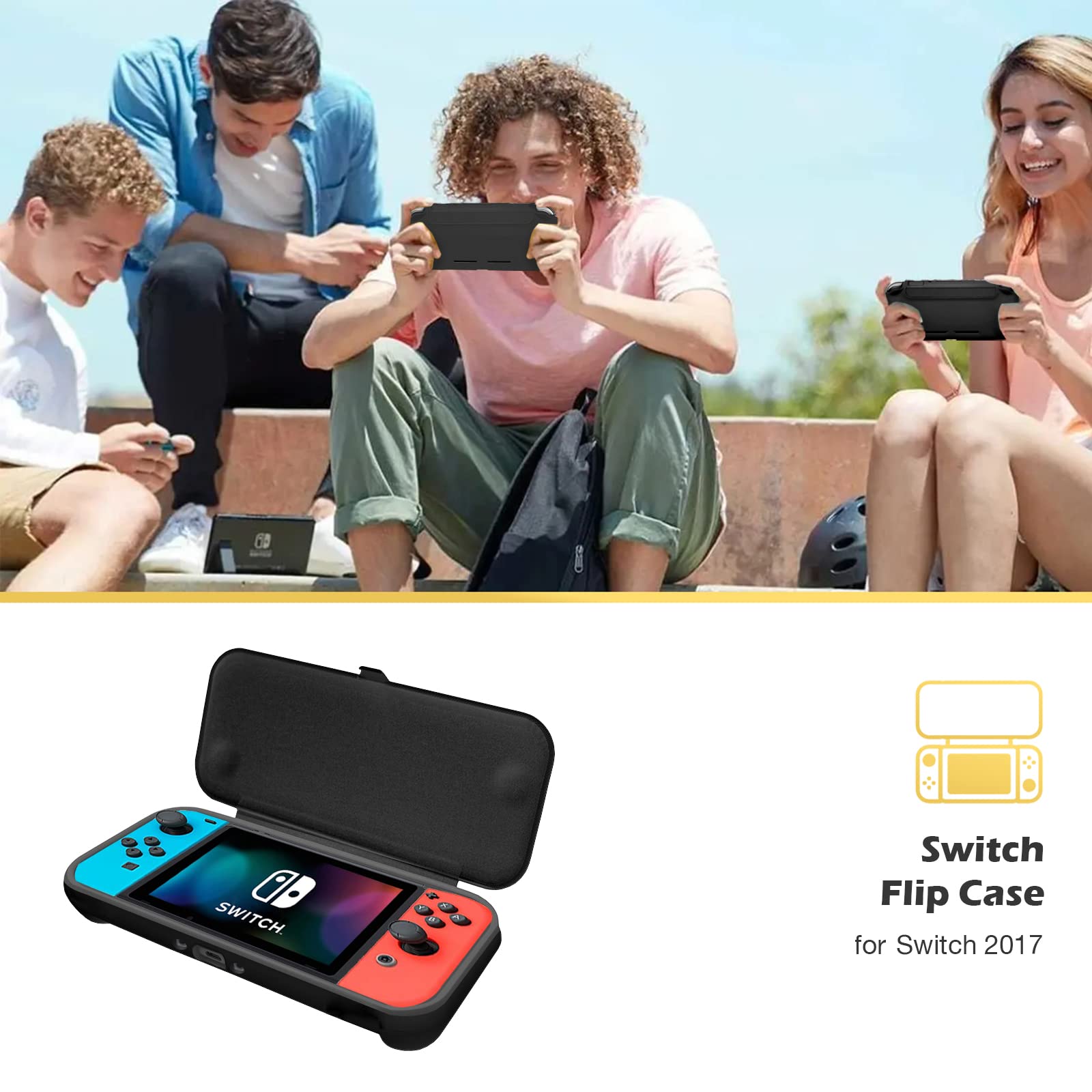 ProCase Flip Cover for Nintendo Switch Case with 2 Pack Tempered Glass Screen Protectors, Detachable Front Cover Protective Case for Nintendo Switch 2017 -Black