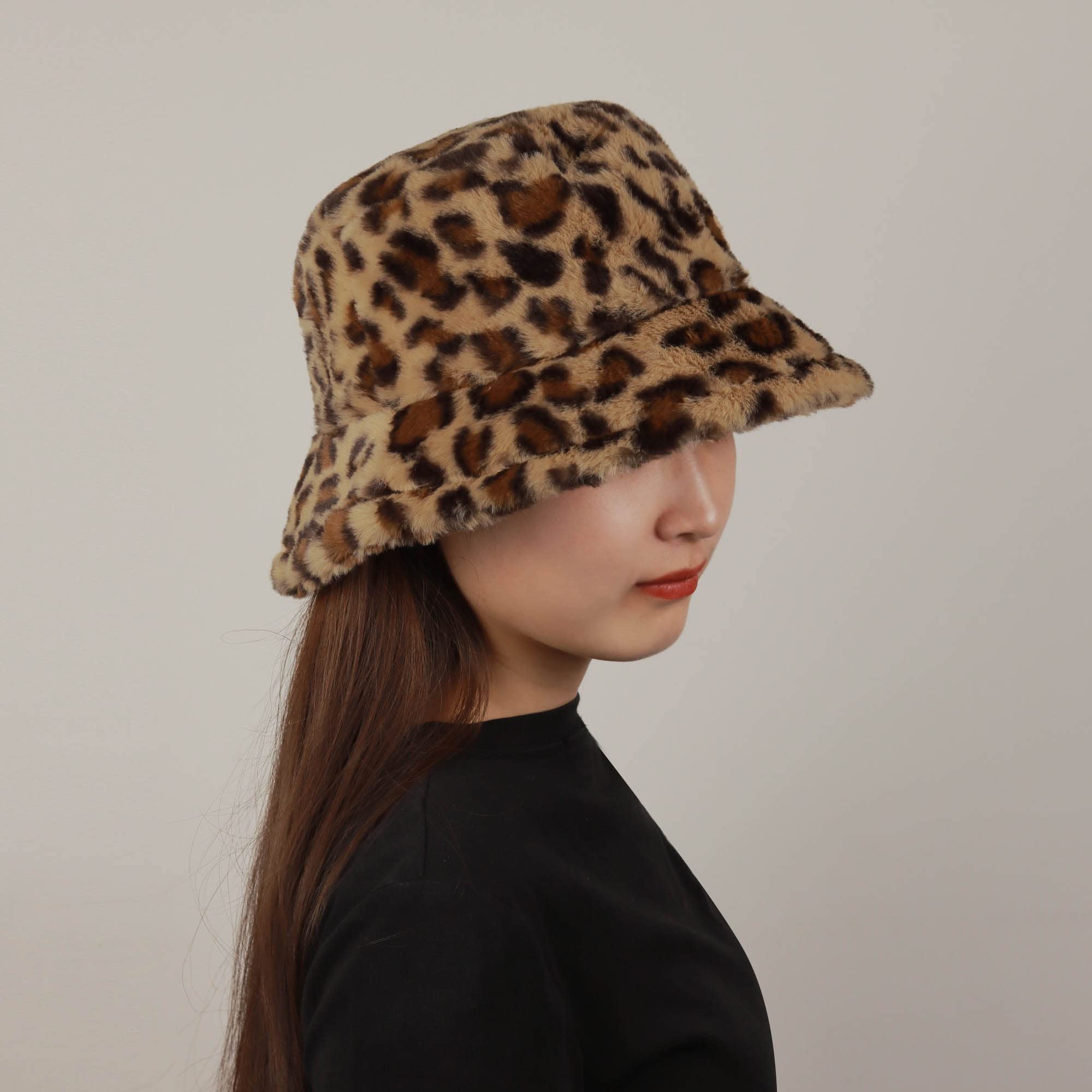 Fuzzy Bucket Hat Women Leopard Print Men Plush Soft Winter Warm Fluffy Fisherman Caps Adjustable (Brown Leopard)