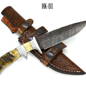 Nooraki HK-81 Handmade Damascus Hunting Knife Ram Horn Handle With Leather Sheath Full Tang Fire & Raindrop Pattern