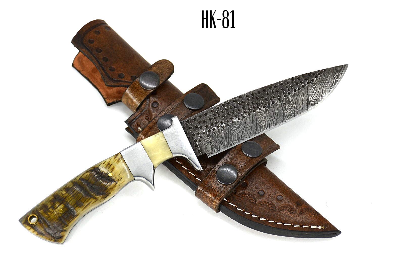 Nooraki HK-81 Handmade Damascus Hunting Knife Ram Horn Handle With Leather Sheath Full Tang Fire & Raindrop Pattern