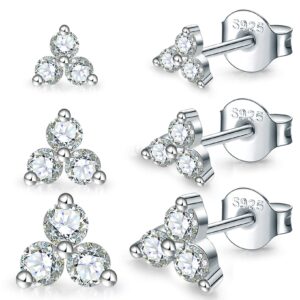 EPIRORA Sterling Silver Stud Earrings for Women- 3 Pairs Hypoallergenic White Gold Plated Small Cubic Zirconia Flower Cartilage Earring Set (3mm/4mm/5mm)