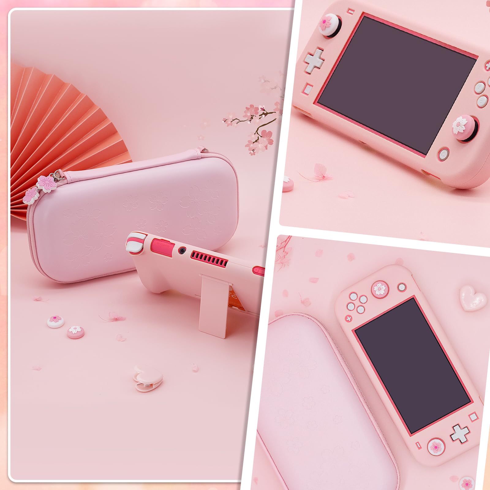 BRHE Pink Travel Carrying Case Accessories Kit for Switch Lite, Hard Protective Cover Skin Shell with Stand, Glass Screen Protector, Thumb Grip Caps 9 in 1