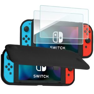 procase flip cover for nintendo switch case with 2 pack tempered glass screen protectors, detachable front cover protective case for nintendo switch 2017 -black