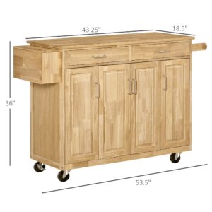 HOMCOM Kitchen Island on Wheels, Natural Hardwood Kitchen Cart with Drawers, Storage Cabinets, and Tool Caddy, Microwave Cart for Dining Room, 54 Inches Wide