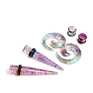 WBRWP 54PC Gauges Kit Ear Plugs and Tunnels Stretching Expander-Starter : 14G-00G Color Splash Acrylic Tapers and Plugs with Double O-Ring and Spiral Taperss Body Piercing Colorful set