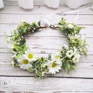 Floral Fall Sunflower Halo Wedding Crown Flower Girls Headband Birthday Party Headpiece FL-18 (Daisy white)