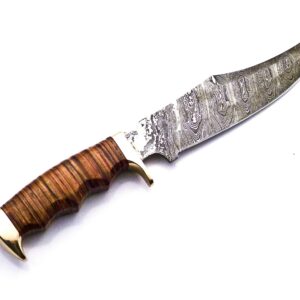 Skokie Knives Custom Hand Made Damascus Steel Hunting Knife Handle Leather Stacked with Brass Spacer (Stacked)