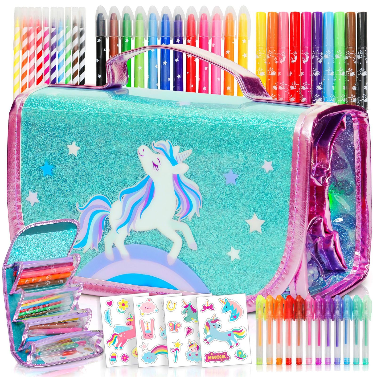 Amitié Lane Unicorn Scented Markers Set, 80 PCS - Birthday Gift for 5, 6, 7, 8 and 9 Year Old Girls! Includes Art Kit Supplies for Kids Ages 4-12, Perfect for Creative Fun Ideas