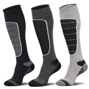 merino wool ski socks, cold weather socks for snowboarding, snow, winter, thermal knee high warm socks, hunting, outdoor sports (3 pairs (black grey grey), x-large)