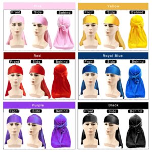 LEADUWAY 6Pcs Velvet Durag with 1 Wave Cap for 360 Waves Doo Rag(Purple, Red, Black, Pink, Yellow, Blue)