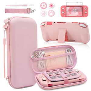 brhe pink travel carrying case accessories kit for switch lite, hard protective cover skin shell with stand, glass screen protector, thumb grip caps 9 in 1