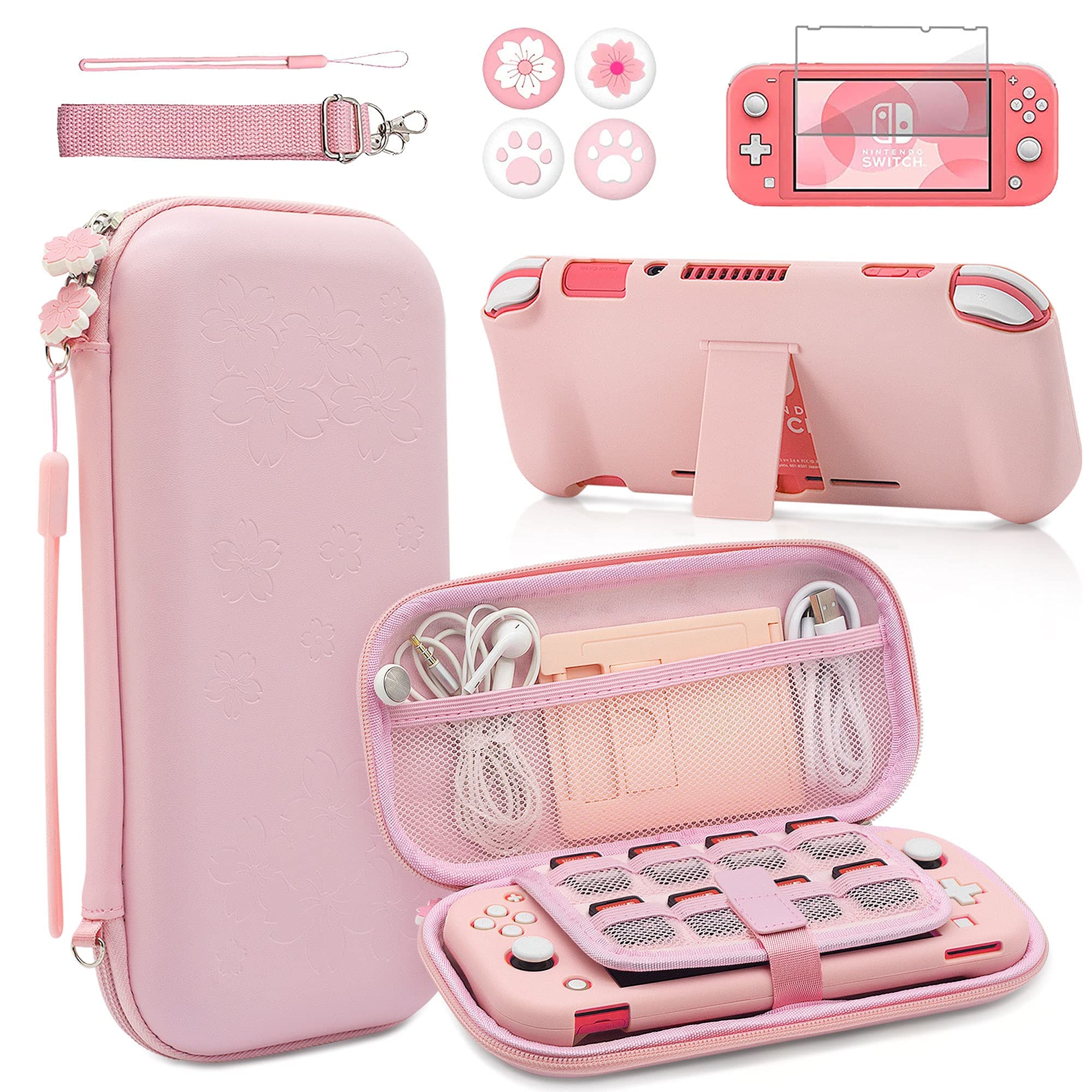 BRHE Pink Travel Carrying Case Accessories Kit for Switch Lite, Hard Protective Cover Skin Shell with Stand, Glass Screen Protector, Thumb Grip Caps 9 in 1