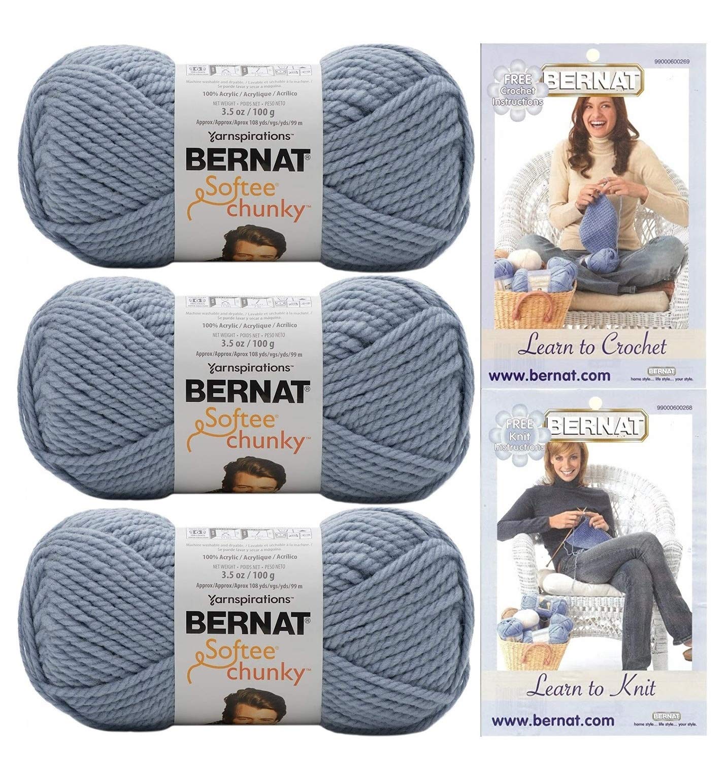 Bernat Softee Chunky Yarn Blundle Super Bulky Number 6 Gauge, 3 Skeins (Gray Blue)