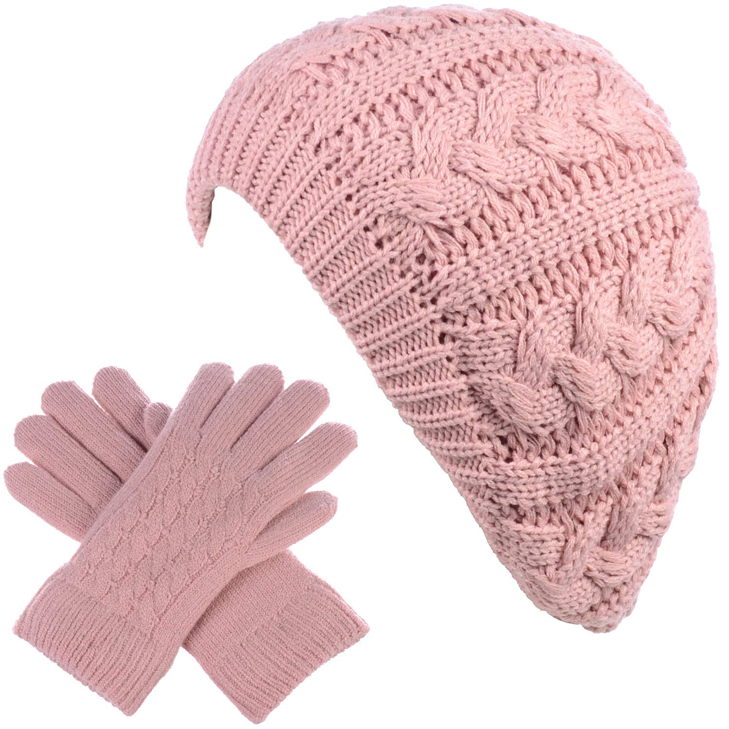 Accessories Necessary Winter Solid Toasty Warm Fleece Lined Knit Gloves & Beanie Beret 2 piece Set (PPink)