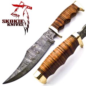 Skokie Knives Custom Hand Made Damascus Steel Hunting Knife Handle Leather Stacked with Brass Spacer (Stacked)