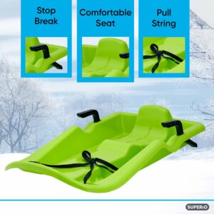 Superio Downhill Snow Sled with Brake Handles for Kids, 35” Toboggan Plastic Sleigh with Pull Rope, Green. (2)