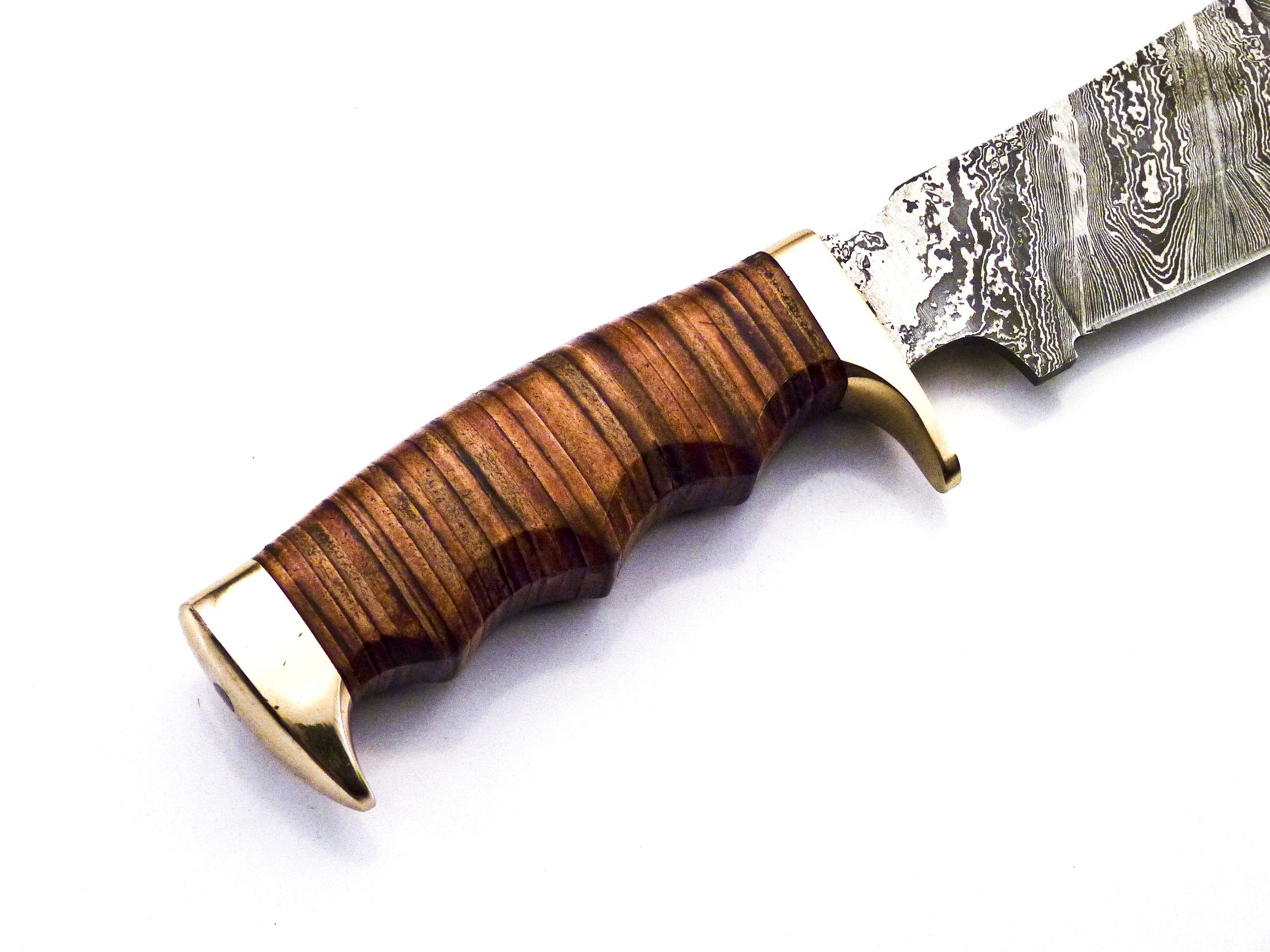 Skokie Knives Custom Hand Made Damascus Steel Hunting Knife Handle Leather Stacked with Brass Spacer (Stacked)