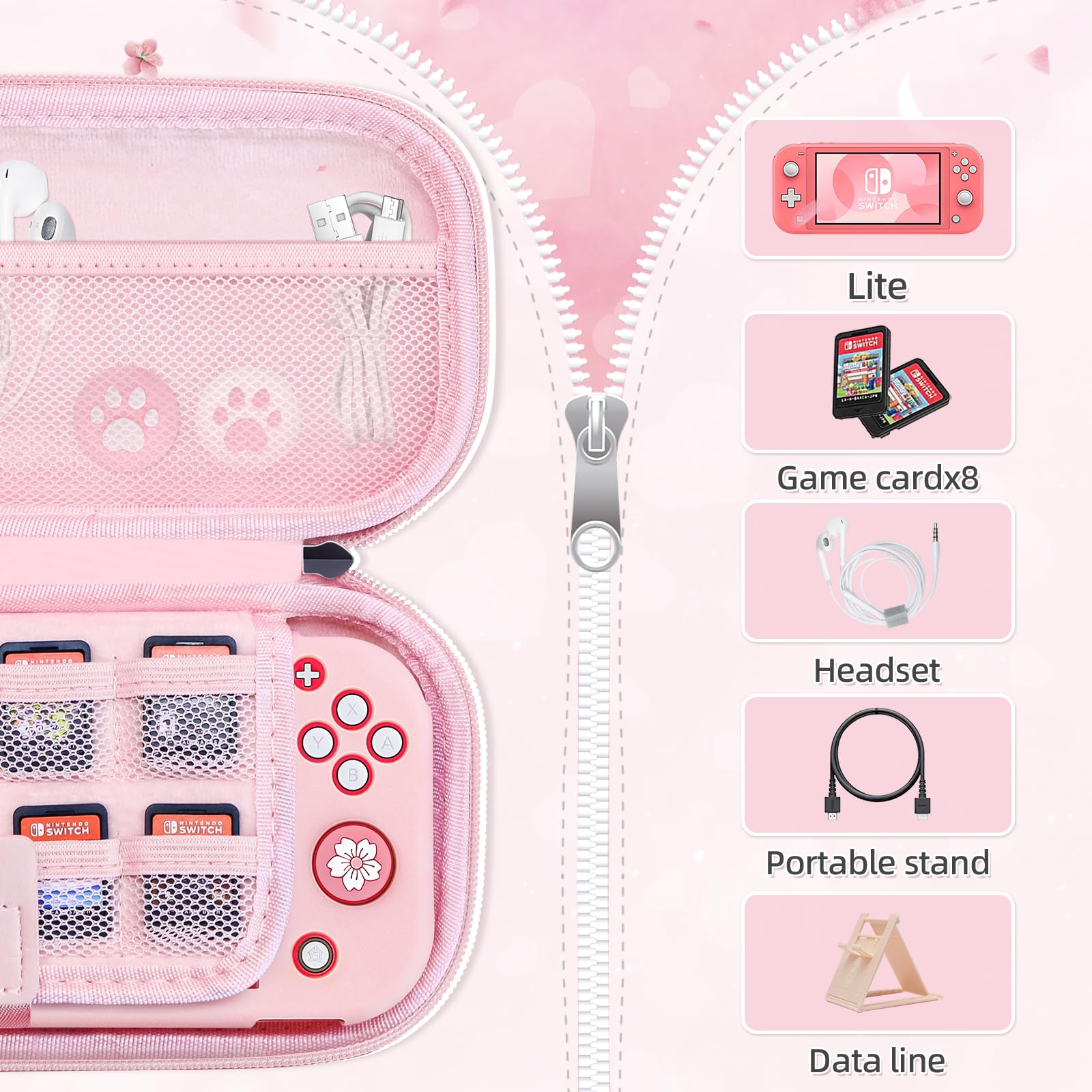 BRHE Pink Travel Carrying Case Accessories Kit for Switch Lite, Hard Protective Cover Skin Shell with Stand, Glass Screen Protector, Thumb Grip Caps 9 in 1