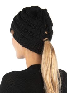 funky junque criss cross hat womens beanie tail messy bun high ponytail knit cap - black