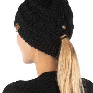 Funky Junque Criss Cross Hat Womens Beanie Tail Messy Bun High Ponytail Knit Cap - Black