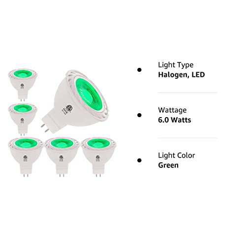 Green MR16 LED Light Bulbs 50W Equivalent Halogen Replacement 6W 12V Bi-pin GU5.3 Outdoor Landscape Yard Lighting- Pack of 6