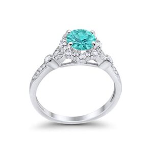 Blue Apple Co. Simulated Paraiba Tourmaline CZ Size-8 Floral Art Deco Halo Engagement Wedding Ring Round Simulated Cubic Zirconia 925 Sterling Silver