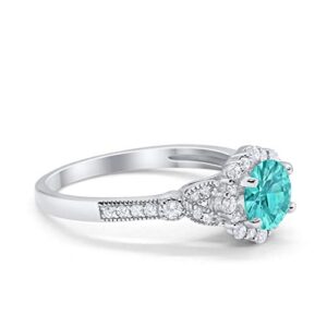 Blue Apple Co. Simulated Paraiba Tourmaline CZ Size-8 Floral Art Deco Halo Engagement Wedding Ring Round Simulated Cubic Zirconia 925 Sterling Silver